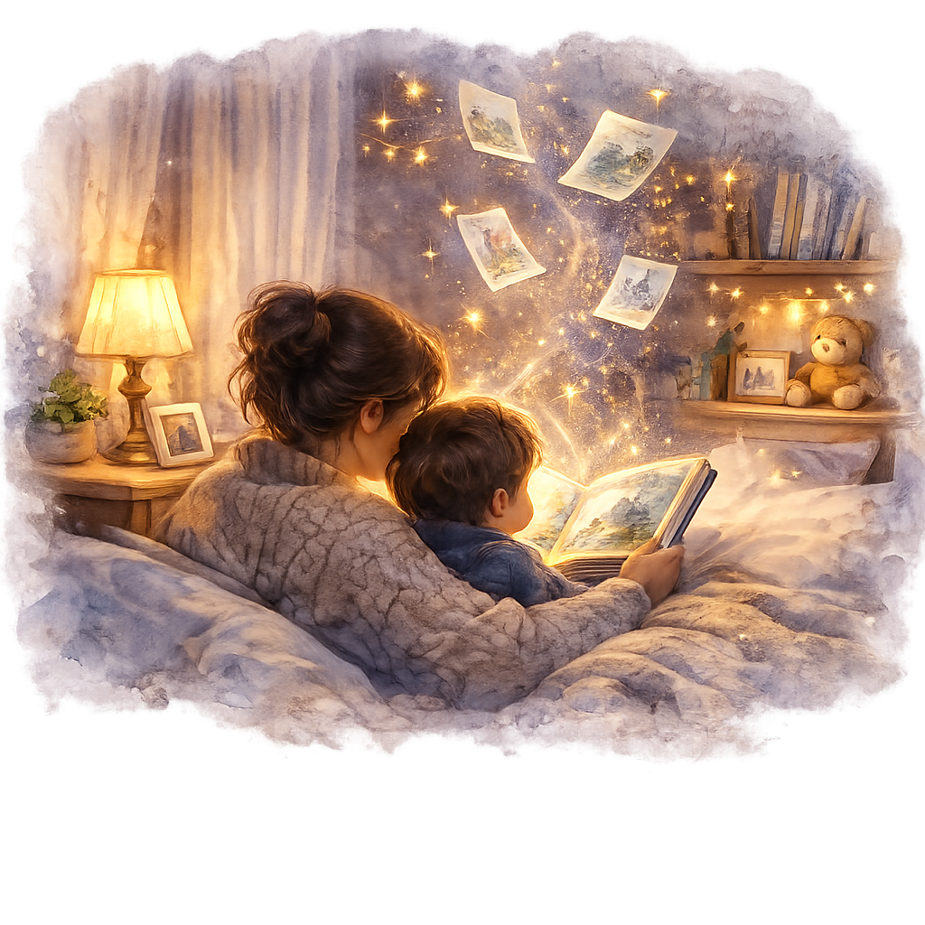 A parent and child sharing a magical story together